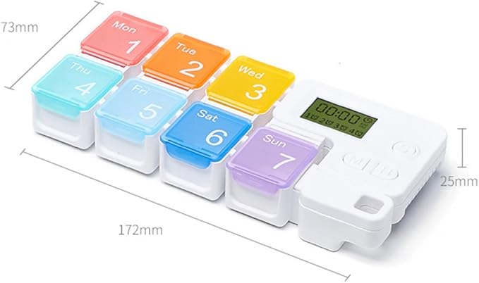 Weekly Rainbow Pill Organizer 7-Compartment Plastic Pill Box with Alarm Reminder for Travel Home School Medication Storage