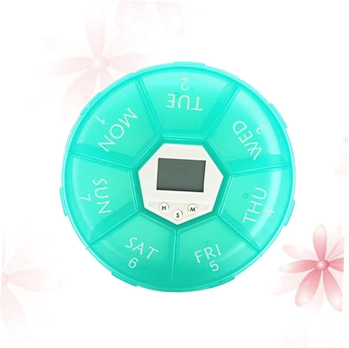 Electronic Medicine Organizer with Alarm Clock Reminder Portable Weekly Pill Box for Patients Easy-Read Day Labels Transparent Lids Green