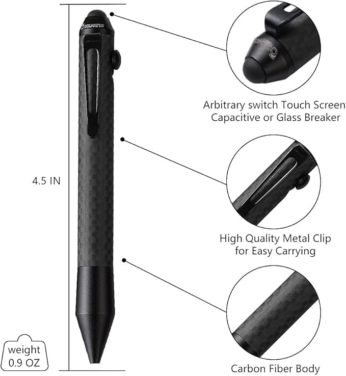 Cool Hand 4.5'' Bolt Action Pen with Stylus for Touchscreen, Rocket Style Carbon Fiber Body, Ballpoint Pen w/Pocket Clip, Classic Black