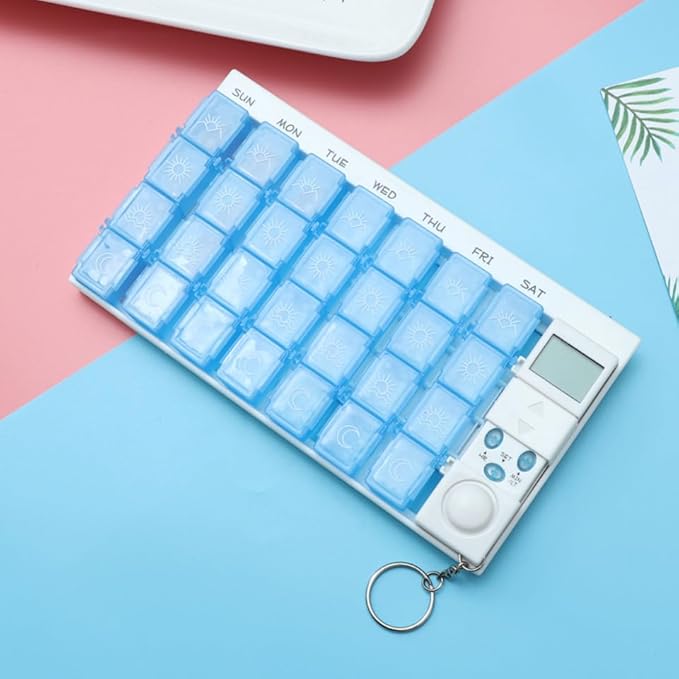 Fomiyes 7 Day Timed Medicine Box with Alarm Reminder 28 Grids Compartments Removable Timer Backlight Weekly Pill Organizer for Vitamins and Pills 7.48 * 4.13 * 0.98inch
