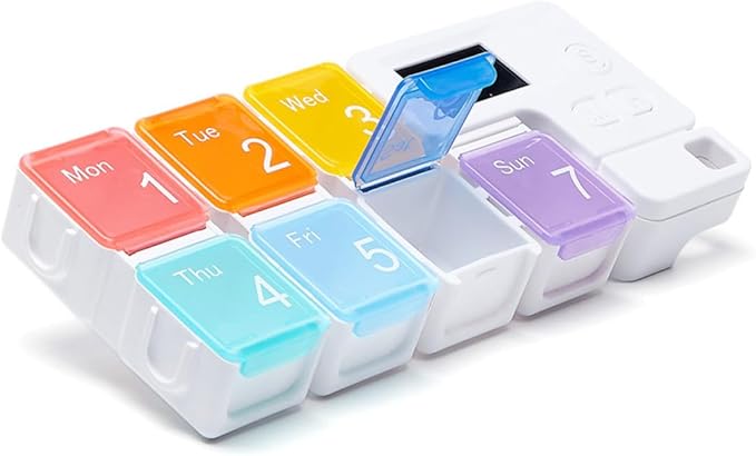 Weekly Rainbow Pill Organizer with 7 Colorful Cubes, Timed Alarm Reminder, Plastic Travel and Home Medication Storage Case for Daily Personal Use