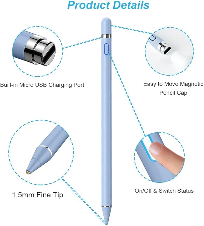 DOGAIN Active Stylus Pen for Touchscreen, iPad Pencil 1.5mm Fine Point Pen, Digital Pens Rechargeable for Tablet, Stylus Pens Compatible with iPad Air/Mini/Pro/Android/iPhone and Most Device - Blue