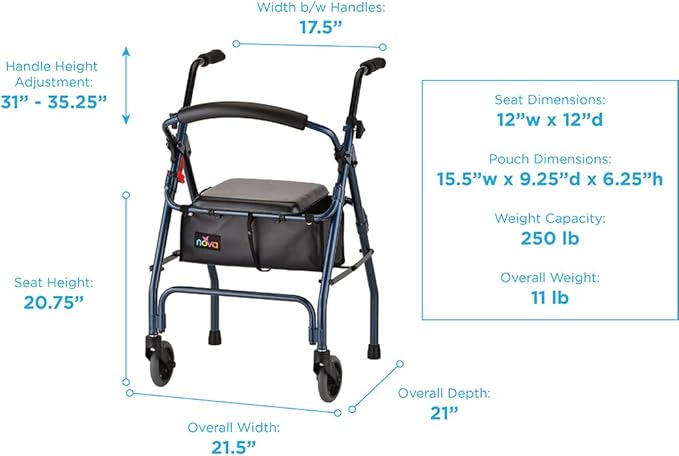 NOVA Cruiser 2 Lightweight Rollator Walker for Beginning Gait Training, 11 lb Foldable Rolling Walker with Seat, Stable Support for Early Mobility