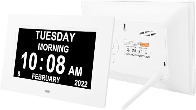 Digital Day Calendar Clock for Seniors, 7 Inch Extra Large Display with 12 Custom Reminders and Auto Brightness, Dementia Clock for Elderly with Wall Mount Slot (US Plug)