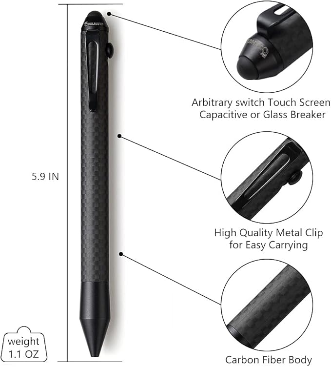 Cool Hand 5.9'' Bazooka Style Bolt Action Pen with Stylus for Touchscreen, Carbon Fiber Body, w/Pocket Clip, Ballpoint Ink Refillable, Glass Breaker Replaceable Parts Included, Black
