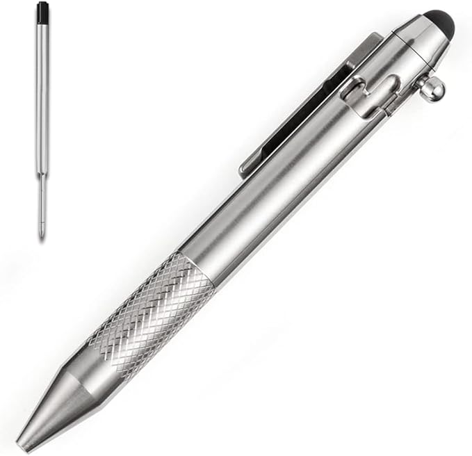 Cool Hand 4.9'' Titanium Bolt Action Pen Stylus for Touch Screen, Ballpoint Ink Refillable, Compact Size, Skelton Out Deep Pocket Clip for Easy Carring