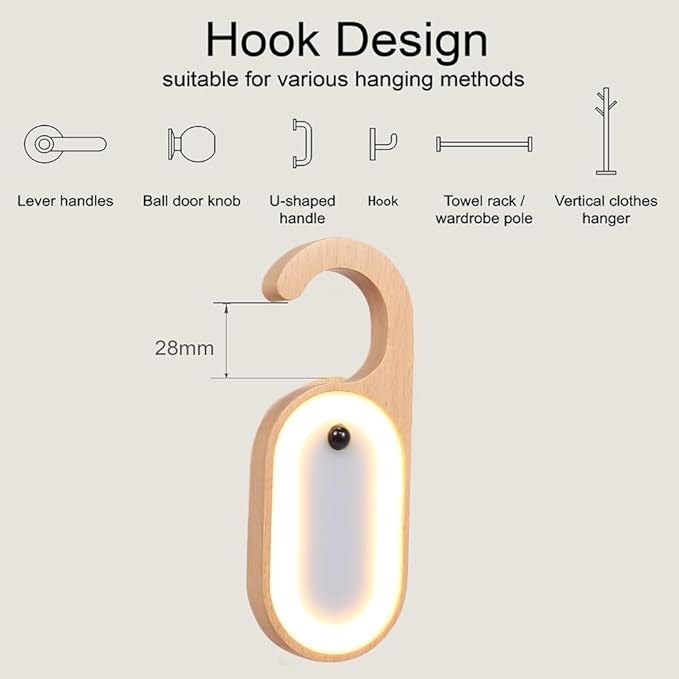 2-Pack Hotel Door Sign Night Light with Motion Sensor, Reusable Message Board Doorknob Lamp, Wooden Finish LED Light for Bedroom Bathroom, Rechargeable Hook Design, Ideal for Multiple Rooms