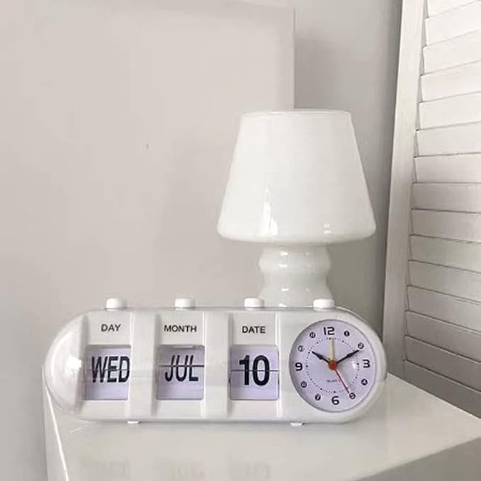 Flip Clock, Retro Table Clock Non Ticking Calendar Alarm Clocks Jump Desktop Clocks with Date, Month, Day of Week Display (White)