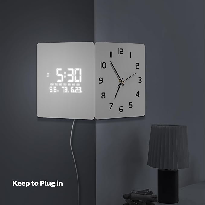 12'' Double Sided 90° Corner Wall Clock, Minimalist White, Radar Motion Activated, Analog & LED Display with Temp Humidity Date Day, Silent Non-Ticking Plug-in for Bedroom Office