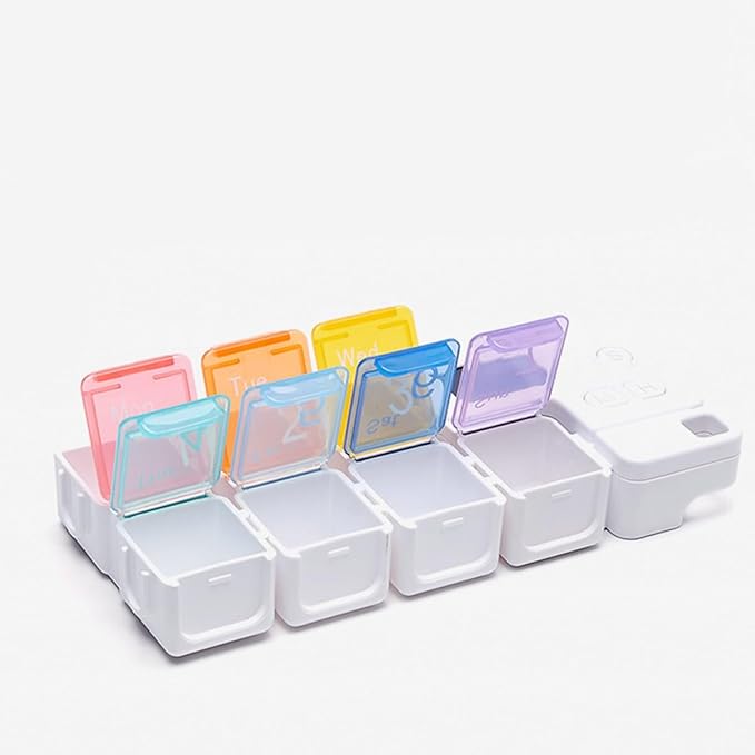 Weekly Rainbow Pill Organizer with -Coded Compartments, Plastic Timed Medication Reminder Box for Travel and Home Use, Patient Storage Container with Alarm Reminder