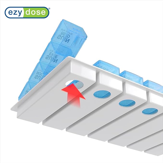 Ezy Dose Weekly (7-Day) Pill Organizer, Vitamin and Medicine Box, Large Pop-Out Compartments, 4 Times a Day, Blue