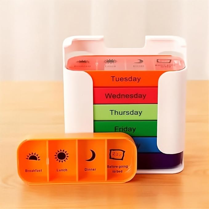 7-Day Medication Organizer - for Effortless Health Management: Stackable Weekly Pill Organizer with 7(Days) × 4(Morning/Noon/Evening/Night) Compartments | Travel-Friendly Home Supply (MixPurple)