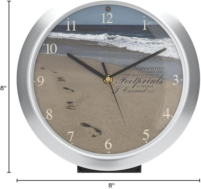 Mark Feldstein & Associates Footprints in The Sand Inspirational Silver Tone 8 inch Three Hymn Sound Clock