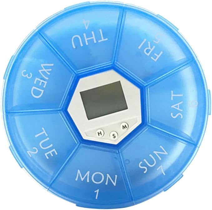 Compartments Pill Organizer with Alarm Clock Weekly Medication Reminder Box for Patients Transparent Blue Portable Medicine Dispenser with Daily Alarms Easy-Read Day Labels