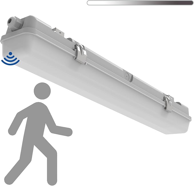 2FT LED Vapor Tight Light, Tri-Level Motion Sensor,IP65 IK08, 10W(1250lm)/20W(2500lm) Selectable, 5000K, 100-277V, Dimmable, Vapor Proof Lighting Fixture, Outdoor Waterproof Shop Light for Carport,FCC