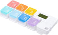 Weekly Rainbow Pill Organizer 7 Compartments with Alarm Reminder, Plastic Cubes-Shaped Medication Dispenser for Home Travel Patient Storage