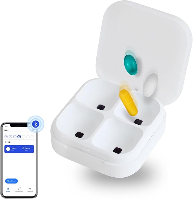 DEFI Smart Pillbox | Bluetooth Pill Organizer, Travel Medication Organizer & Daily Pill Case, Portable Medicine Holder for Vitamins & Supplements | Sound & Light Reminder App (Medium, 4 Slots)