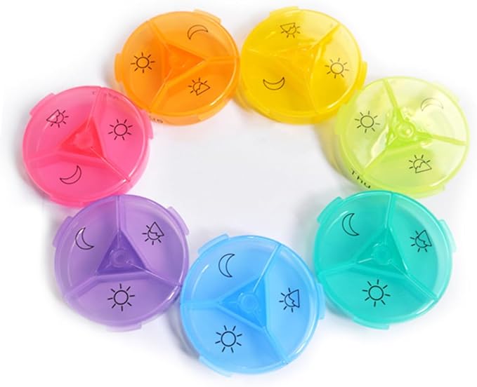 Baluue Pill Container Round Portable 21 Compartment Weekly Organizer Medicine Holder Rainbow Dispenser