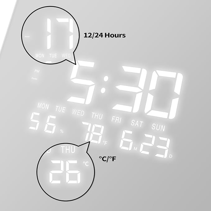 12'' Double Sided 90° Corner Wall Clock, Minimalist White, Radar Motion Activated, Analog & LED Display with Temp Humidity Date Day, Silent Non-Ticking Plug-in for Bedroom Office