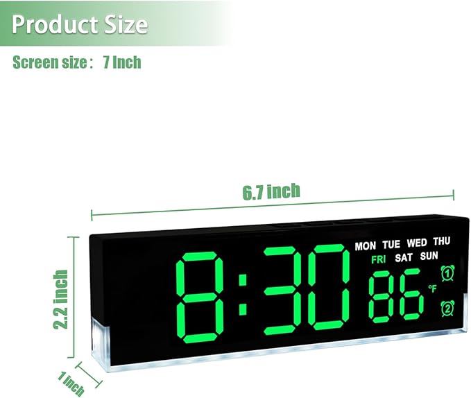 45MinST 7-Inch LED Digital Alarm Clock with Bottom Glow Light｜Displays Time, Date, Day, Temperature｜Dual Alarms, DST, Auto/Manual 3-Level Brightness, Battery or USB Powered Desk Clock,Green