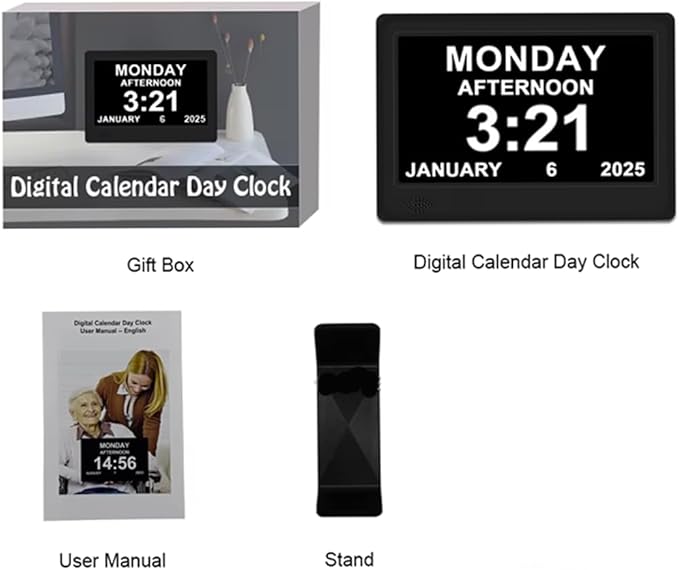 Large Display Digital Day Clock for Elderly - Alzheimer's & Dementia Clock, Multiple Alarms- Medication, Doctor, Easy Read, Auto Dimming, Memory Loss Aid, Multi-Language New 2025 (Black)