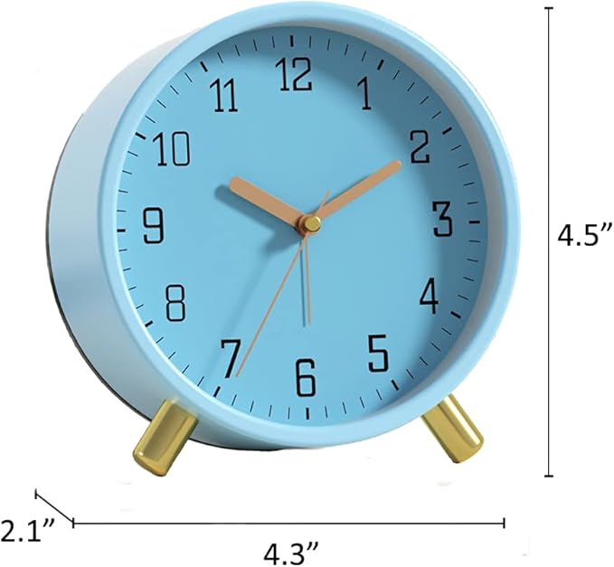 SHISEDECO Alarm Clock with Backlight, 4.5 inches Bedside Analog Non-Ticking Silent Small Deskclock with Arabic Numerals, Battery Operated Round Tableclock for Living Room, Bedroom (Blue)