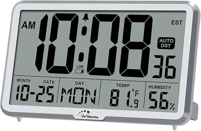 WallarGe Auto Set Digital Wall Clock Battery Operated, Desk Clocks with Temperature, Humidity and Date