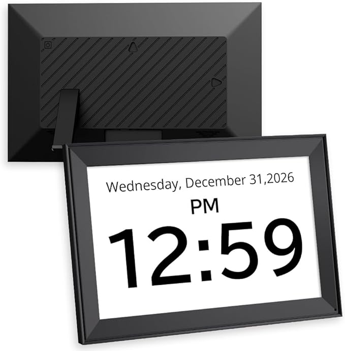 Santek] Large Digital Clock for Seniors - Easy-to-Read Display with Date & Time, Touch Screen, Loud Alarm - Wi-Fi Photo Frame with Weather & Calendar, Adjustable Brightness (Black, 15.6")