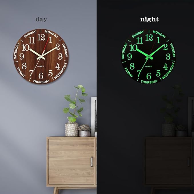Wall Clock 12 Inch Brown Weekly Wall Clock Silent Battery Operated Luminous Hands Retirement Elderly Wooden Glow in The Dark Clock