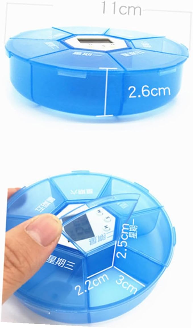 Compartments Electronic Medication Reminder Pill Box with Alarm Clock Portable Weekly Pill Organizer for Patients See-Through Lids and Day Markings Blue English Edition