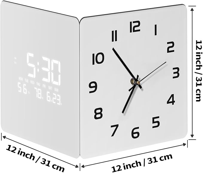 12'' Double Sided 90° Corner Wall Clock, Minimalist White, Radar Motion Activated, Analog & LED Display with Temp Humidity Date Day, Silent Non-Ticking Plug-in for Bedroom Office