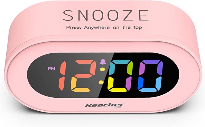 REACHER Pink Girls Alarm Clock, Dimmable Colorful LED Digital Display, USB Phone Charger Port, Simple Operation for Kids, Adults, Adjustable Volume, Snooze, Small Size for Bedrooms, Bedside, Desk