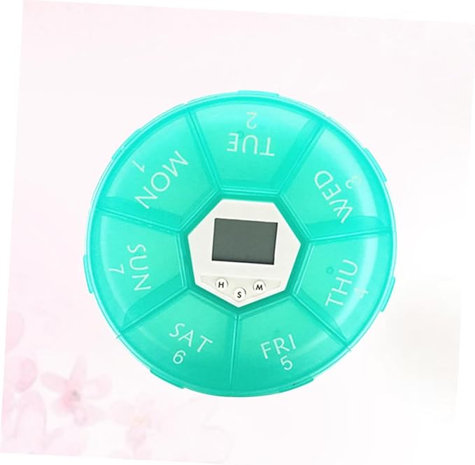 Electronic Medicine Organizer with Alarm Clock Reminder Portable Weekly Pill Box for Patients Easy-Read Day Labels Transparent Lids Green