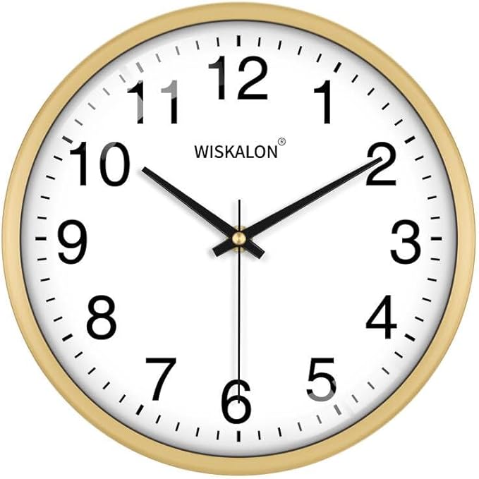 WISKALON 10 inch Wall Clock,Silent Non-Ticking Elegant Golden Frame Clock,Classic Digital Wall Clocks with Glass,Battery Operated Round Wall Clock,Easy to Read Home/Office/School Golden Clock