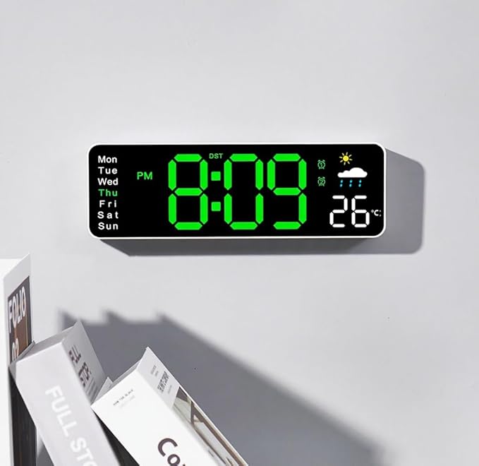Large LED Digital Wall Clock with Alarm Timer - Auto Dimming Clock with Temperature, Weather and Calendar, Remote Control, Classroom Décor, for Bedroom, Office, Living Room (Green)