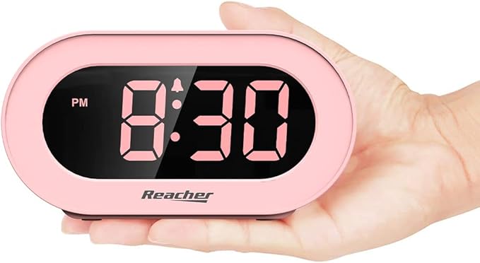 REACHER Pink Girls Alarm Clock for Kids Bedroom, Dimmable LED Digital Display, Outlet Powered, Adjustable Volume, Simple to Use, Snooze, Small Size for Bedside, Desk, Toddler