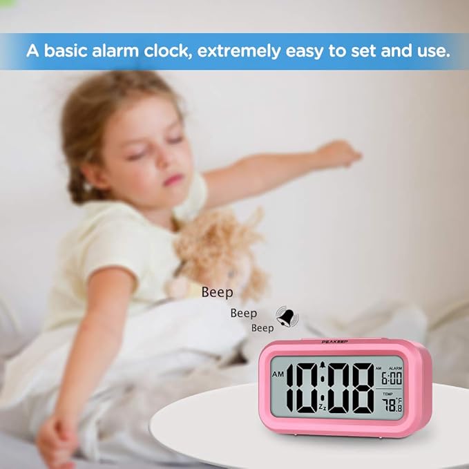 Peakeep Night Light Alarm Clock Battery Operated with Indoor Temperature, Desk Digital Clock for Kids Girls Bedrooms (Pink)