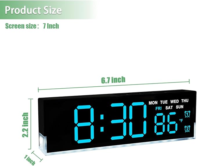 45MinST 7-Inch LED Digital Alarm Clock with Bottom Glow Light｜Displays Time, Date, Day, Temperature｜Dual Alarms, DST, Auto/Manual 3-Level Brightness, Battery or USB Powered Desk Clock,Blue