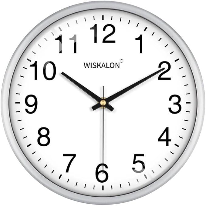 WISKALON 10 Inch Wall Clock, Silent Non-Ticking Round Silver Frame Clock with Glass, Battery Operated, Easy to Read for Home/Office/School