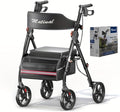 Foldable Rollator Walkers with Seat for Seniors, Lightweight Rollator Walker with 8" Big Wheels, Height Adjustable Ergonomic Rolling Walker Seat, Aluminum and Carbon Steel (Black)