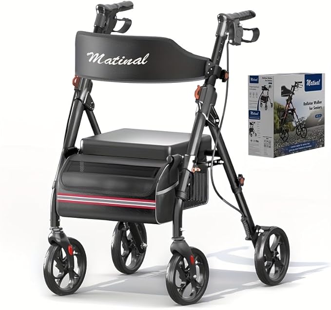 Foldable Rollator Walkers with Seat for Seniors, Lightweight Rollator Walker with 8" Big Wheels, Height Adjustable Ergonomic Rolling Walker Seat, Aluminum and Carbon Steel (Black)