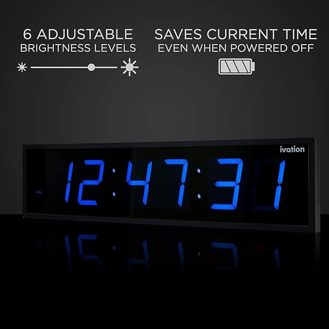 Ivation Oversized Large Digital Wall Clock - Big LED Digital Clock w/Large Display & Durable Aluminum Frame, Shelf or Wall Mount (30 Inch - Blue) 6 Brightness Levels | Time Memory | Remote