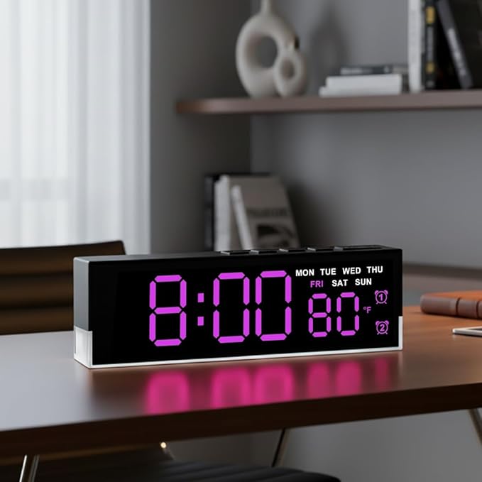 45MinST 7-Inch LED Digital Alarm Clock with Bottom Glow Light｜Displays Time, Date, Day, Temperature ｜Dual Alarms, DST,Auto/Manual 3-Level Brightness,Battery or USB Powered Desk Clock,Rose Red