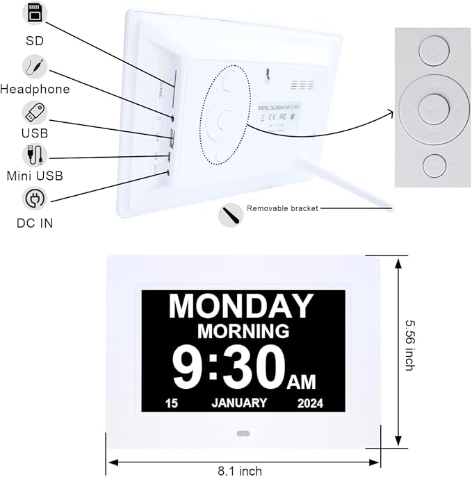 7 Inch Extra Large Day Date Time Digital Day Calendar Clocks with Auto-Dimming 12 Alarm Reminders Dementia Clock