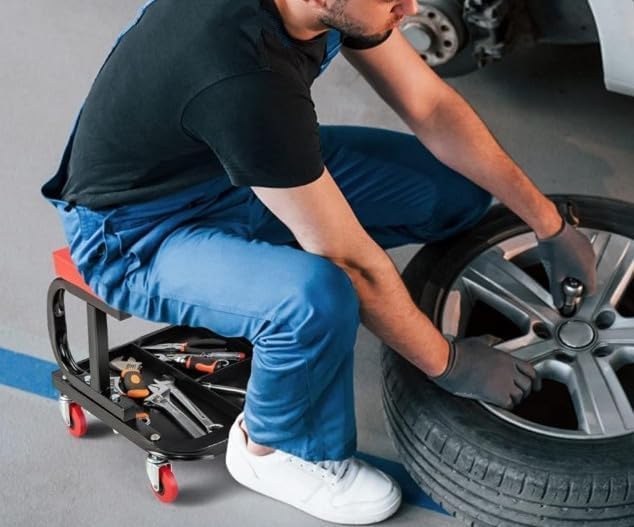 Mechanics Roller Seat, 300 LBS Capacity Rolling Creeper Garage Padded Rolling Workshop Stool with Tool Tray Storage Creeper Seat Mechanic Stool with Wheels Creepers Automotive