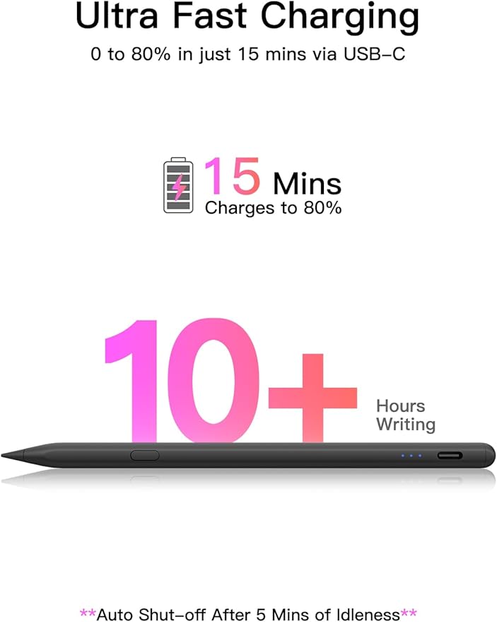 Stylus Pen for ipad 2018-2026, USB-C Fast Charging Pencil, Pixel-Perfect Tilt Sensitivity for iPad 11/10/9/8/7/6/A16, iPad mini 7/6/5, iPad Air M4/3/2 11"/13"/5/4/3, iPad Pro M5/4 13"/12.9″/11″ Black