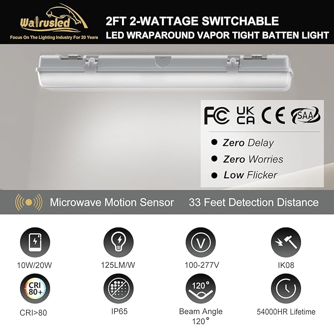 2FT LED Vapor Tight Light, Tri-Level Motion Sensor,IP65 IK08, 10W(1250lm)/20W(2500lm), 5000K, 100-277V, Dimmable, Outdoor Waterproof Shop Light, Vapor Proof Lighting Fixture for Carport, FCC, 2-Pack
