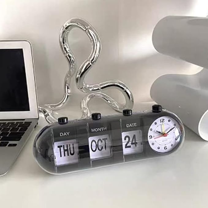 Flip Clock, Manual Jump Desktop Clocks with Date Retro Table Clock Non Ticking Calendar Alarm Clocks, Month, Day of Week Display(Black)