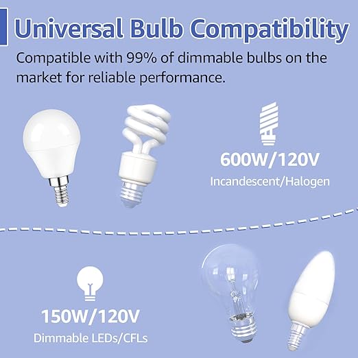 1 Pack Dimmer Light Switch for Dimmable LED Light, Single Pole/3-Way,No Neutral Wire Required,Work with LED/CFL (300W Max) & Halogen/Incandescent (600W Max) Bulbs, UL Listed