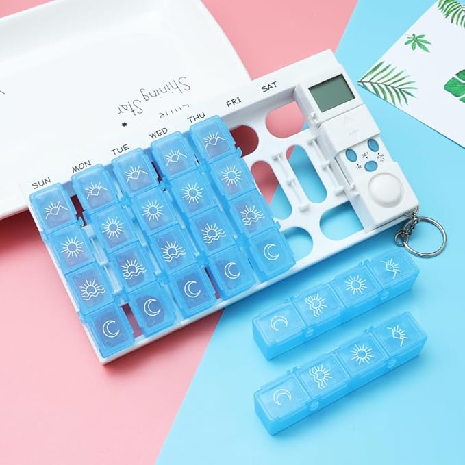 Fomiyes 7 Day Timed Medicine Box with Alarm Reminder 28 Grids Compartments Removable Timer Backlight Weekly Pill Organizer for Vitamins and Pills 7.48 * 4.13 * 0.98inch
